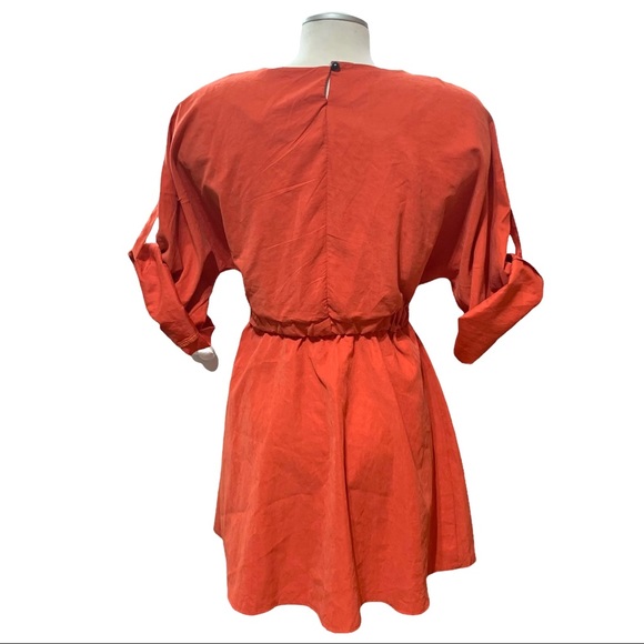 Orange Elasticized Waistband Rolled Up Sleeves Mini Dress Small - Picture 3 of 7